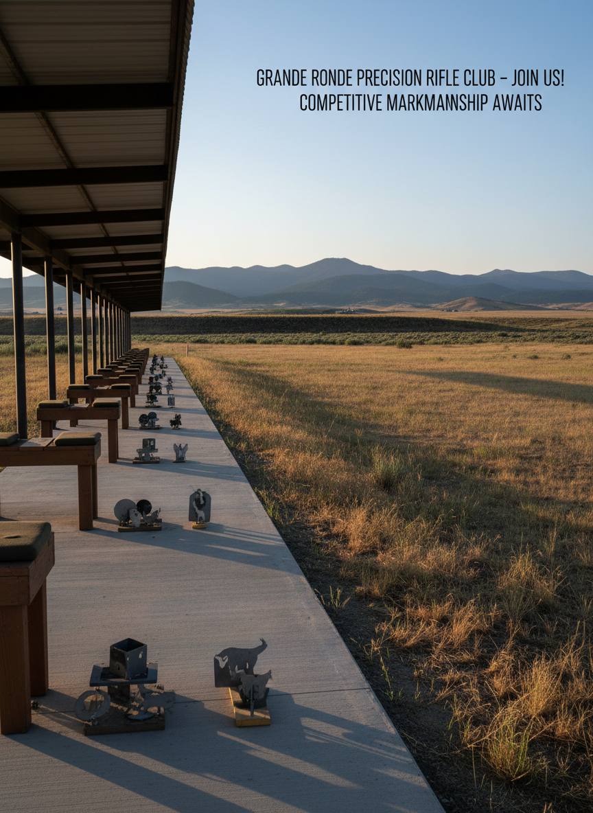 An expansive, wide-angle, photographic scene of the Grande Ronde Precision Rifle Club’s outdoor venue in Summerville, Oregon, showing multiple firing positions aligned along a covered concrete pad, each with benches, rifle rests, and neatly stacked steel targets ready to be set. The range extends into open fields, low rolling hills, and a backdrop of blue-green mountains under a clear, crisp sky. Early evening light casts long, soft shadows from posts and benches, giving depth and definition to the landscape. The camera is positioned at one end of the firing line, using the rule of thirds to balance the covered line on one side and the broad shooting lanes on the other. The atmosphere is spacious, organized, and inviting, perfect for showcasing upcoming competitive marksmanship events and club membership opportunities.