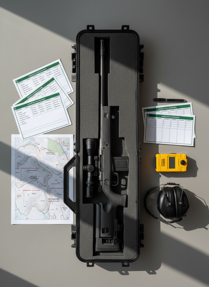 A meticulously detailed match director’s table at the Grande Ronde Precision Rifle Club range, photographed from above in a clean, professional flat lay. Laminated course-of-fire sheets, a digital timer, ear protection, and neatly stacked scorecards are arranged beside a rugged, open hard case containing a precision rifle with a folded stock and mounted scope. A topo-style range map with marked distances lies partially under the case, suggesting upcoming stages. Natural window light from the side creates soft, directional illumination, casting gentle shadows that add depth without clutter. The background is a smooth, neutral-toned tabletop, keeping the focus on the organized competition gear. The mood is efficient and methodical, ideal for a site section about event scheduling, registration, and match-day logistics in a realistic photographic style.
