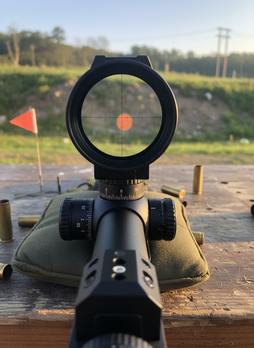 A close-up, photographic view down a high-end rifle scope mounted on a precision rifle, with the foreground showing the textured adjustment turrets and finely machined mount, and the background revealing a crisp sight picture of a distant steel target on a hillside. The scope rests on a shooting bag atop a well-worn wooden bench, with scattered brass casings and a small wind flag in the mid-ground. Soft, bright morning light illuminates the metal and glass, producing subtle reflections without glare. Shot from an eye-level perspective with a shallow depth of field, the reticle and distant target are sharp while the surrounding range environment gently blurs. The mood is technical and focused, ideal for illustrating the careful attention to detail required in precision rifle competitions.