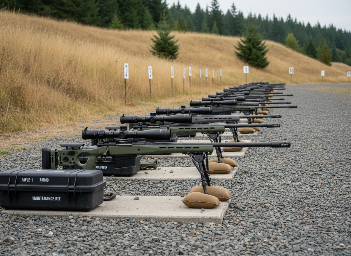 A carefully arranged lineup of precision rifles and neatly labeled gear cases on a gravel firing line at Grande Ronde Precision Rifle Club, each rifle supported by bipods and rear bags, showcasing different chassis colors, barrel profiles, and optics. The background reveals multiple numbered targets staggered along a natural hillside, framed by tall, dry grasses and patches of evergreen trees under an overcast Oregon sky. Diffused, soft daylight eliminates harsh shadows, emphasizing textures in the stocks, sandbags, and concrete shooting pads. Captured from a low, side-on angle that follows the row of rifles into the distance, the composition uses leading lines to convey organization and readiness for a competition. The atmosphere is orderly and professional, highlighting club-level precision rifle events with realistic photographic detail.